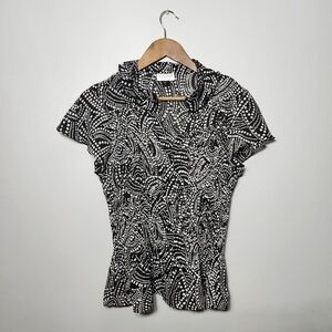 Abstract Dotted Flowy Cinched Neckline Ruffled Dressy Button Down Top